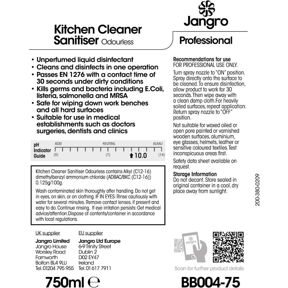 Kitchen Cleaner Sanitiser Odourless Jangro 750ml Spray Avica UK Ltd
