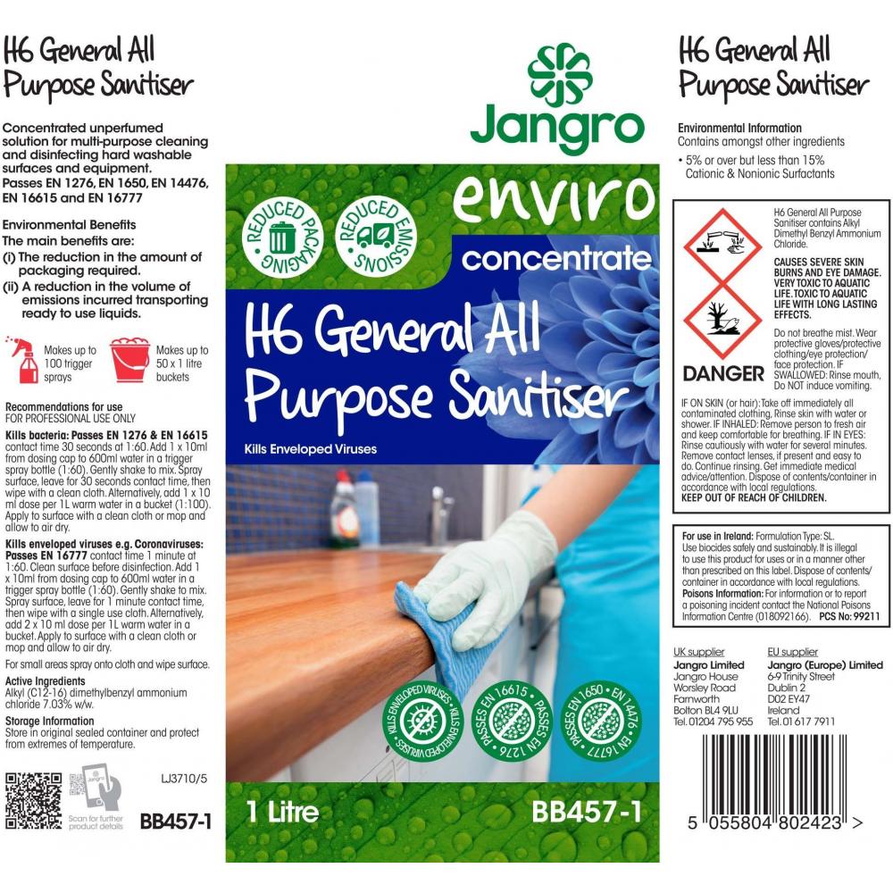 General All Purpose Sanitiser Concentrated Jangro Enviro H6 1l