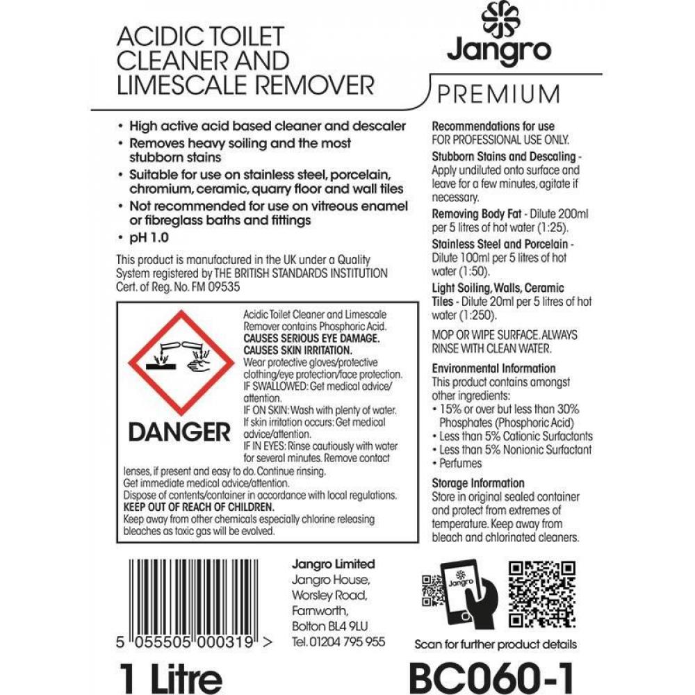 Acidic Toilet Cleaner & Limescale Remover Jangro 1L Avica UK Ltd
