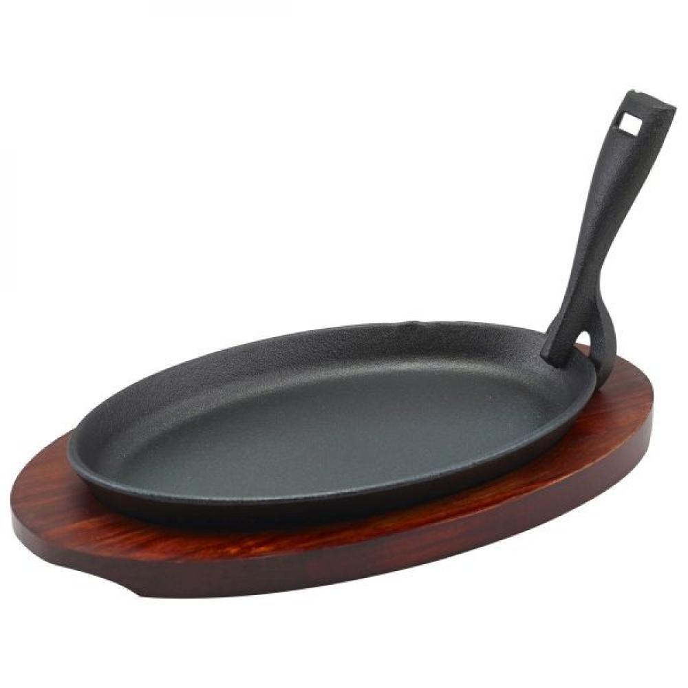 New Oval Cast Iron Sizzle Platter with a wooden base 23 cm H x 13 cm W x 35 cm D 