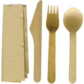 Knife, Fork, Spoon & Napkin (Brown) Pack - Biodegradable - Birchwood