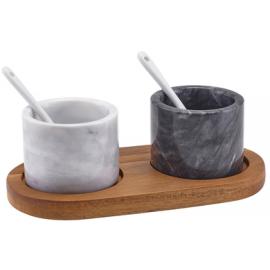 Salt & Pepper Pot - With Wooden Base - Marble - Set