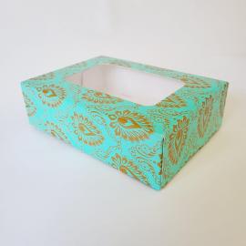 Decorative Food Box - Oblong - with Clear Window - Turquoise and Gold - 17.8cm (7&quot;)