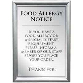 Food Allergy - Awareness Sign - Brushed Silver - Framed - A4