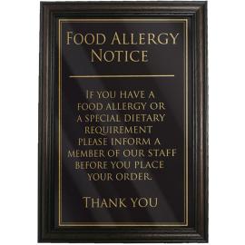 Food Allergy - Awareness Sign - Gold on Black - Mahogany Framed - 17cm (6.7&quot;)
