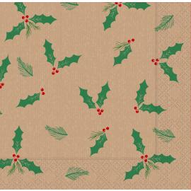 Festive Lunch Napkin - Jolly Holly - Kraft - 4 Fold - 2 ply - 33cm