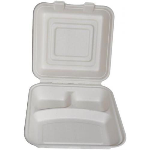 Meal Box - 3 Compartment - Natural Fibre - Bagasse - White - 25cm (9.8&quot;)