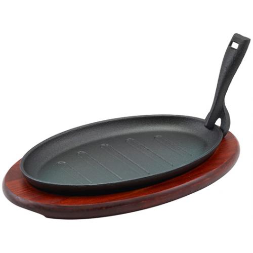 Sizzle Platter & Trivet - Oval - Cast Iron & Wood - Genware - 27cm (10.6&quot;)