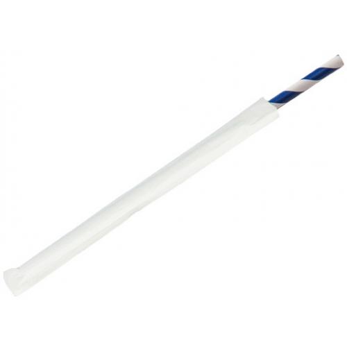 Straight Straw - Paper - Individually Wrapped - White & Dark Blue Stripe - 20cm (8&quot;) x 6mm