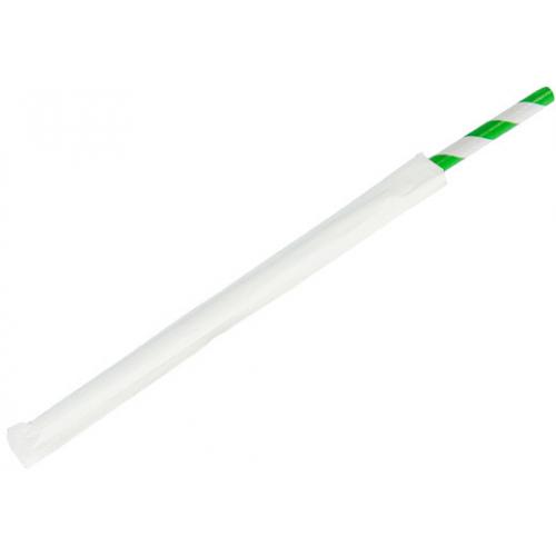 Straight Straw - Paper - Individually Wrapped - White & Dark Green Stripe - 20cm (8&quot;) x 6mm