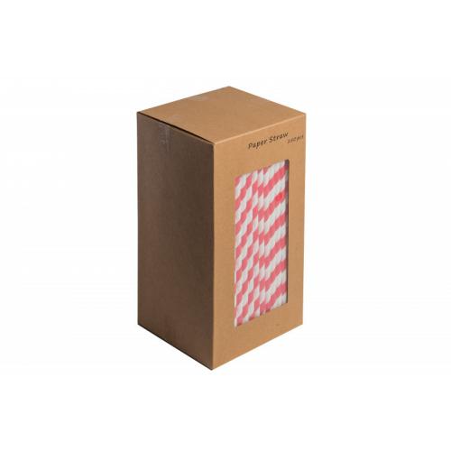 Straight Straw - Paper - White & Red Stripe  - 20cm (8&quot;) x 6mm