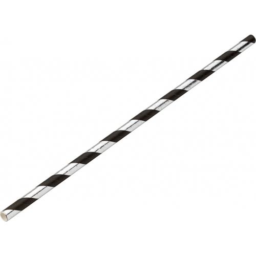 Straight Straw - Paper - Silver & Black Stripe - 20cm (8&quot;) x 6mm