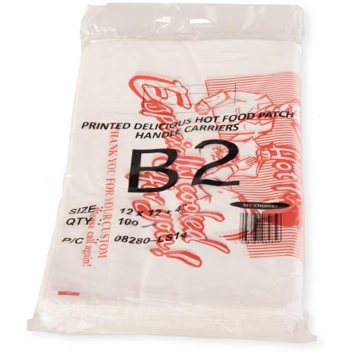 Carrier Bag - Patch Handles - &quot;Delicious Hot Food&quot; Print - Plastic - White - 30mu - 30.5cm (12&quot;)
