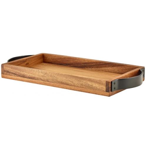 Serving Tray With Black Metal Handles - Oblong - Acacia Wood - Brown - GN 1/3