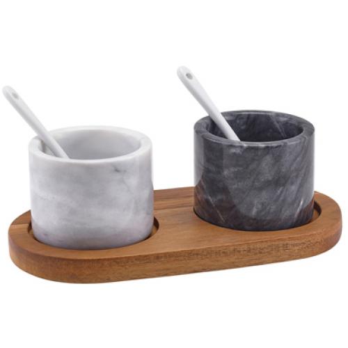 Salt & Pepper Pot - With Wooden Base - Marble - Set