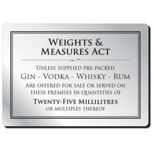 Weights & Measures Act - 25ml Spirits Sign - Aluminium - Silver - 21cm (8.25&quot;)