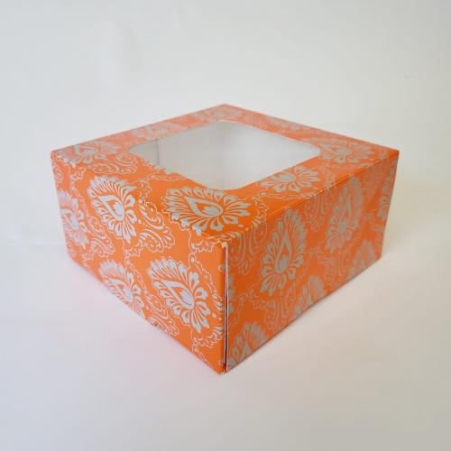 Decorative Food Box - Square - with Clear Window - Orange and Silver - 15.2cm (6&quot;)