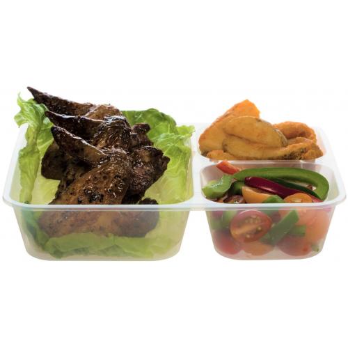 Microwavable Food Container - Rectangular - No Lid - Clear Plastic - 3 Compartment