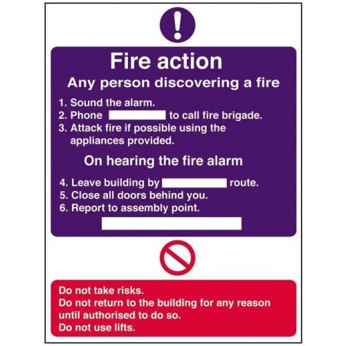 2 Part Fire Action Safety Sign - 20x30cm (8x12&#39;&#39;)