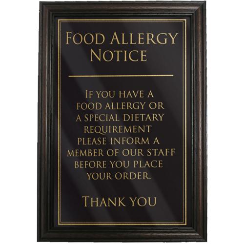 Food Allergy - Awareness Sign - Gold on Black - Mahogany Framed - 17cm (6.7&quot;)