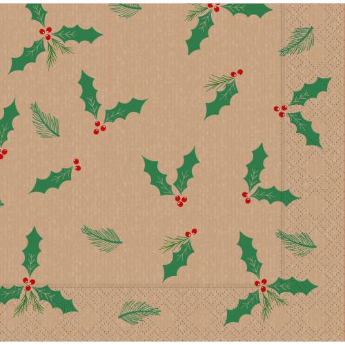 Festive Lunch Napkin - Jolly Holly - Kraft - 4 Fold - 2 ply - 33cm