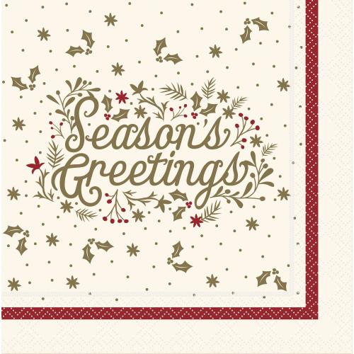 Festive Dinner Napkin - Burgundy Season&#39;s Greetings - 4 fold - 3 ply - 40cm