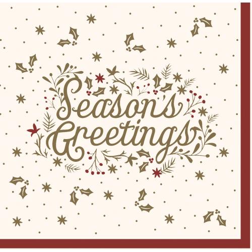 Festive Dinner Napkin - Airlaid - Burgundy Season&#39;s Greetings - 4 fold - 1 ply - 40cm