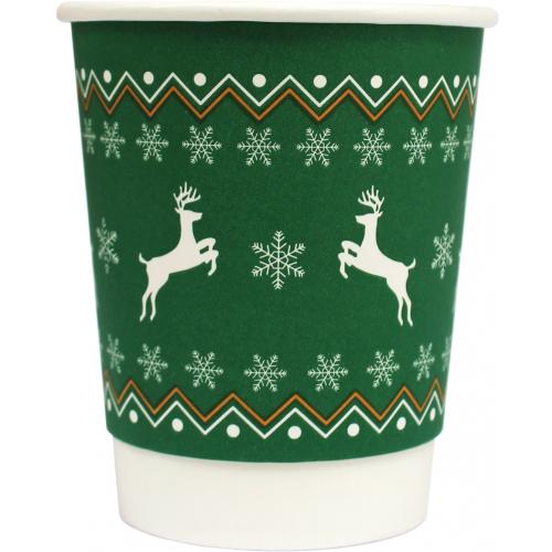 Hot Cup - Double Wall - Paper - Christmas - Green & White - 8oz (25cl) - 80mm dia